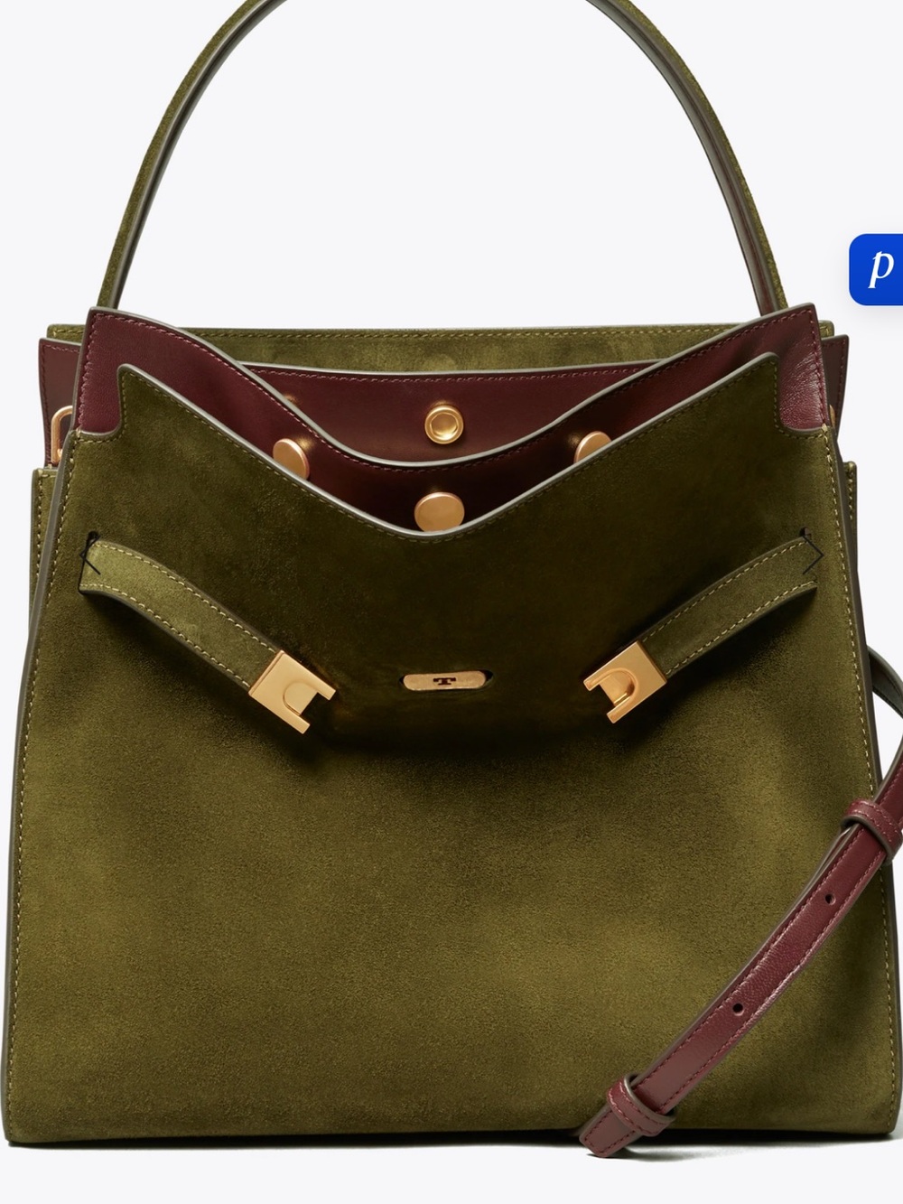 IN SEARCH OF Tory Burch Olive Suede Satchel with Burgundy Trim
